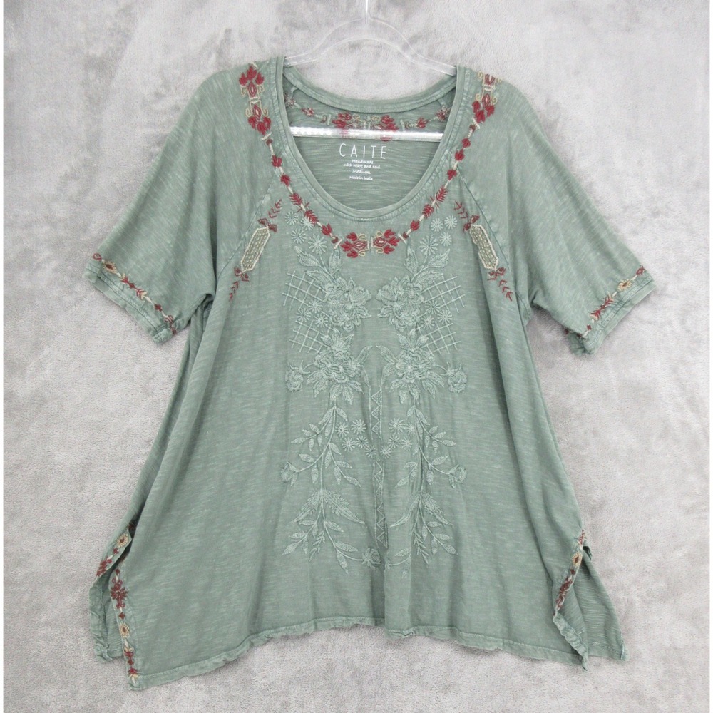 Caite Top Womens Medium Sage Green Floral Embroidered Slub Knit Boho Tunic Boxy
